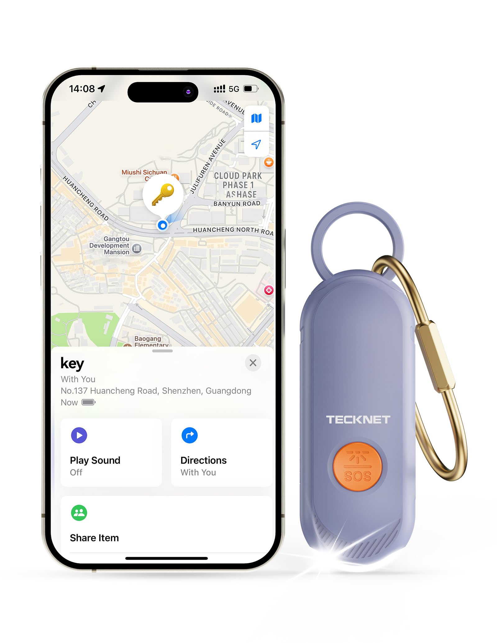 TECKNET Personal Alarms for Women with GPS Tracker, 130dB Loud Safety Alarm & SOS Strobe Light, Apple Find My Tracker, Rechargeable Self Defence Keychain with Siren for Runners Kids Elderly (Purple)