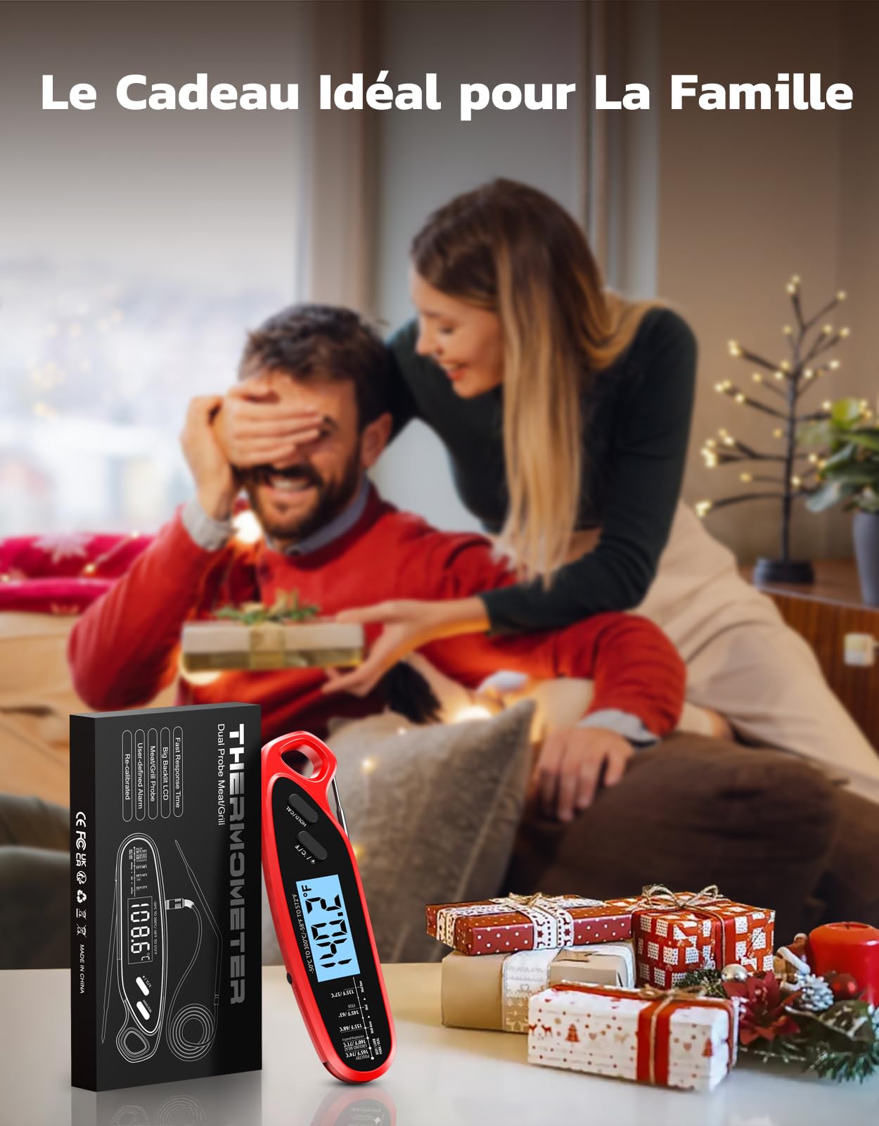Thermomètre Cuisine Double Sondes Pliables 3s Lecture Instantané Digital Rétroéclairage LCD Calibration Cuisson Ustensile Four BBQ Fumoir