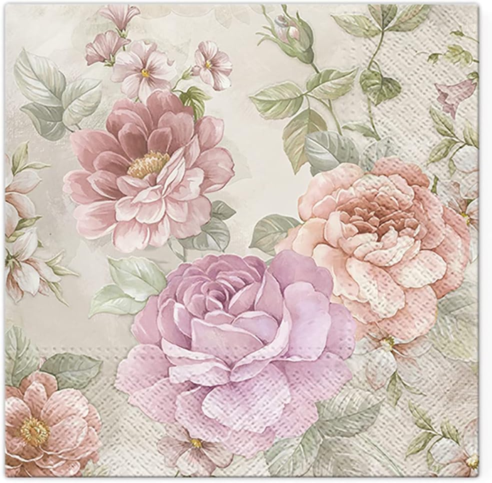 Tete a Tete 3Ply Pastel Flowery Tissue Paper Napkins Serviettes 33cm x 33cm - Pack of 20 (Memory of Summer)