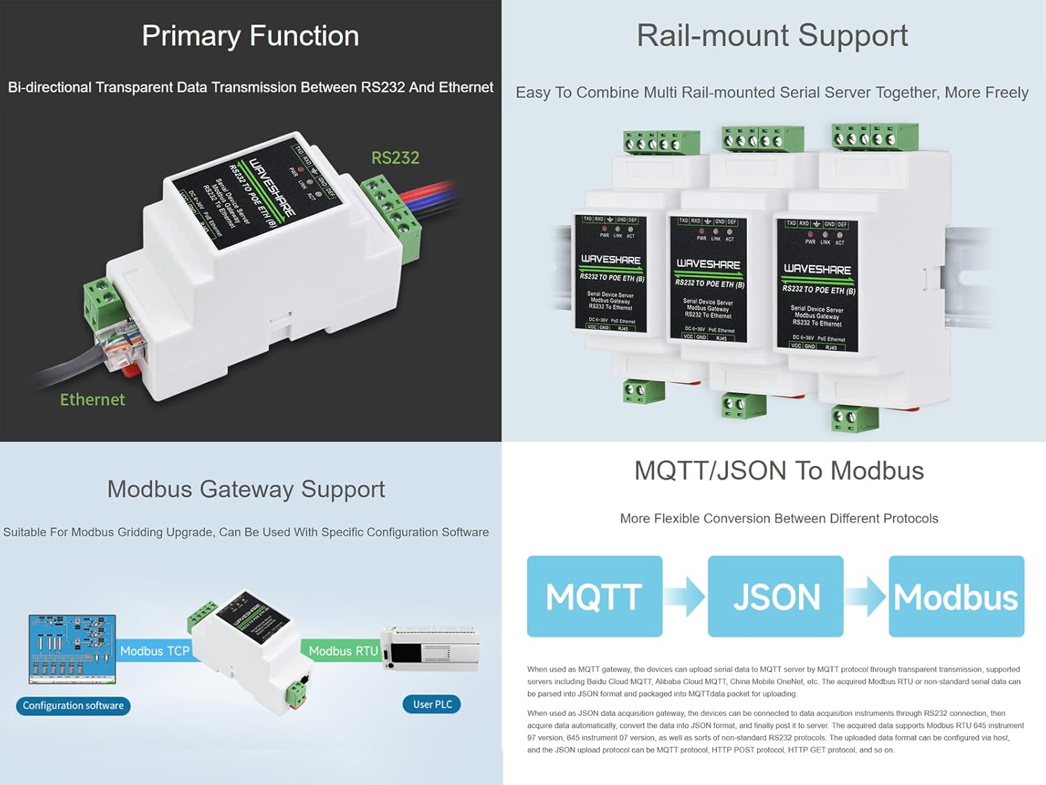 RS232 to POE Ethernet Converter Module, Industrial Rail-Mount RS232 Serial Server, TCP/IP to Serial, Modbus Gateway, Bi-Directional Transparent Data Transmission Between RS232 and Ethernet