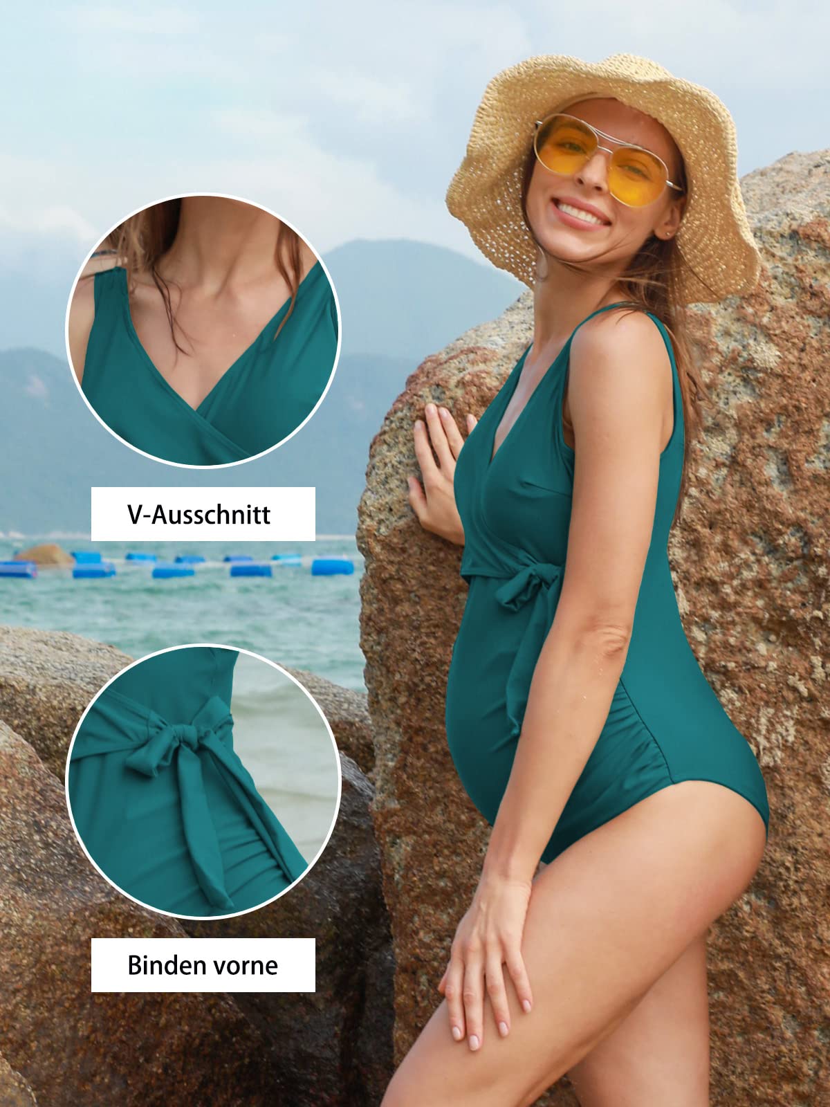 Traje de baño de maternidad de una pieza elegante con cuello en V, traje de baño de maternidad con lazo frontal