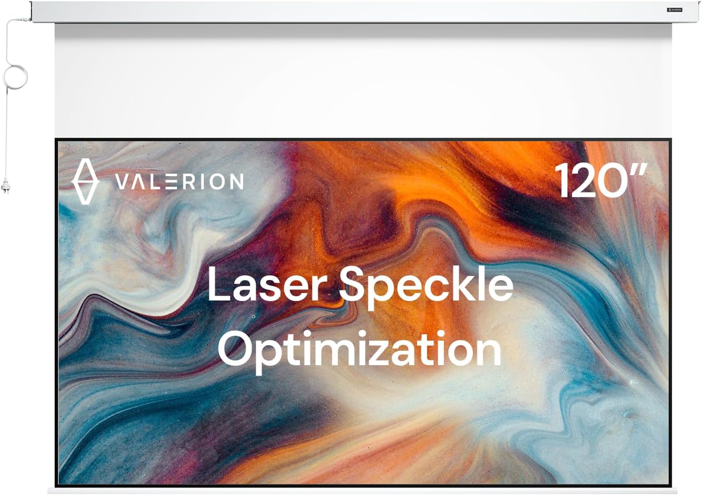 - 120" PureVision Motorized Projector Screen, Laser Speckle Reduction, Auto-Sync with Projector, 4K/8K UHD Ready, 20" Adjustable Drop, Black Backing for Enhanced Contrast, Long Throw Only