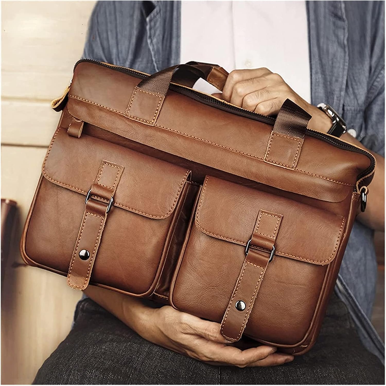 Vintage Leather Briefcase 15.6inch Laptop Messenger Shoulder Handbag Top Handle Bag bag