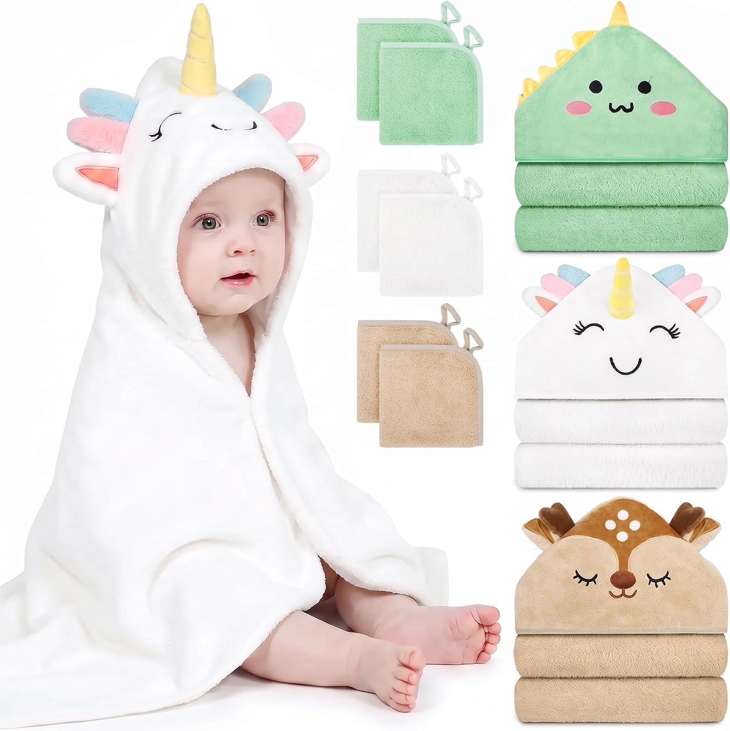 12 PCS Baby Bath Towels Set for Infants Toddlers Essentials (Deep Green, White, Grey, Brown) thumbnail