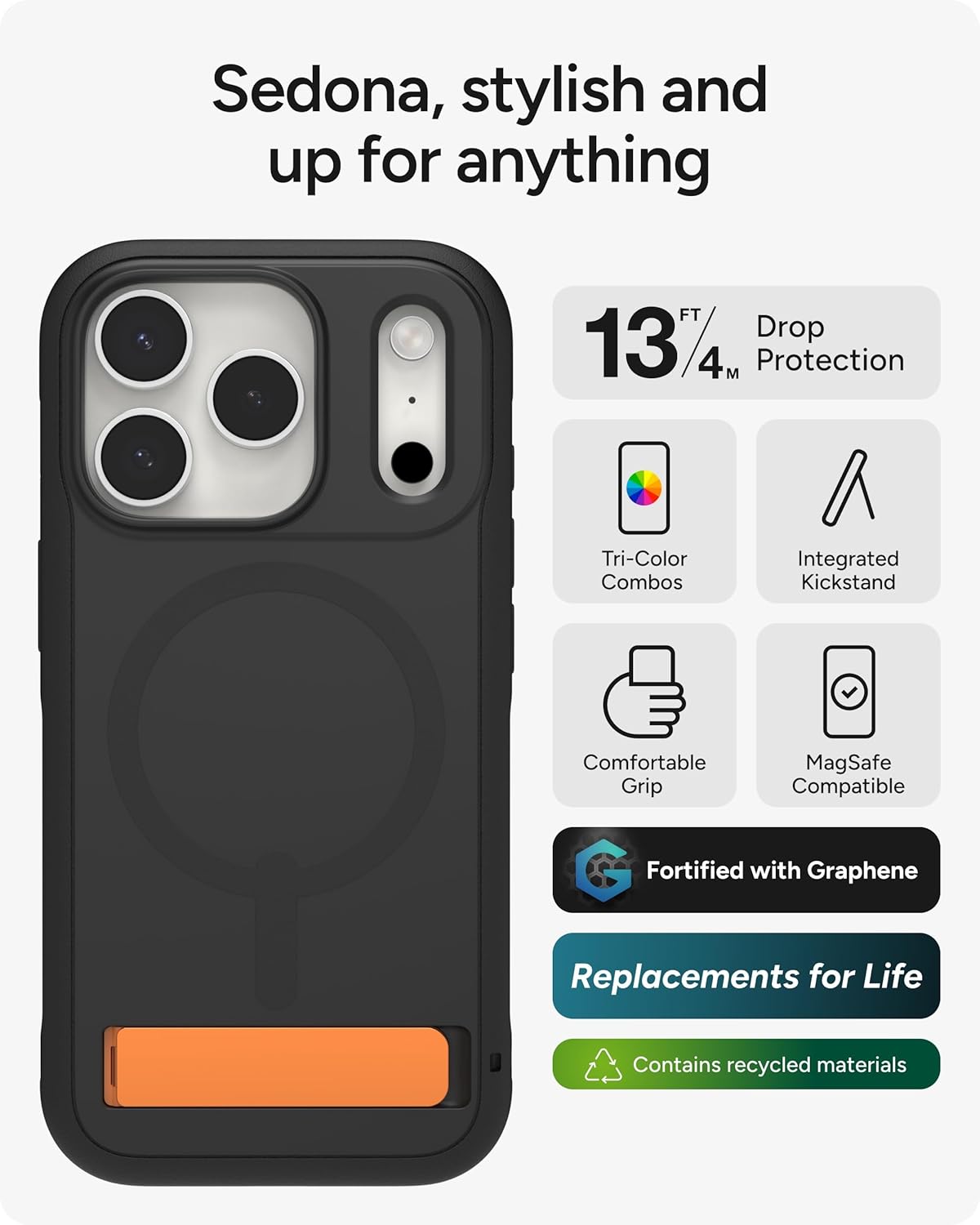 ZAGG Sedona Snap Case with Kickstand for iPhone 17 Pro - Flood Black, Drop Protection (13ft/4m), Multi-Layer Protection, with Camera Button, MagSafe Phone Case with Impact-Absorbing Bumpers - Image 2