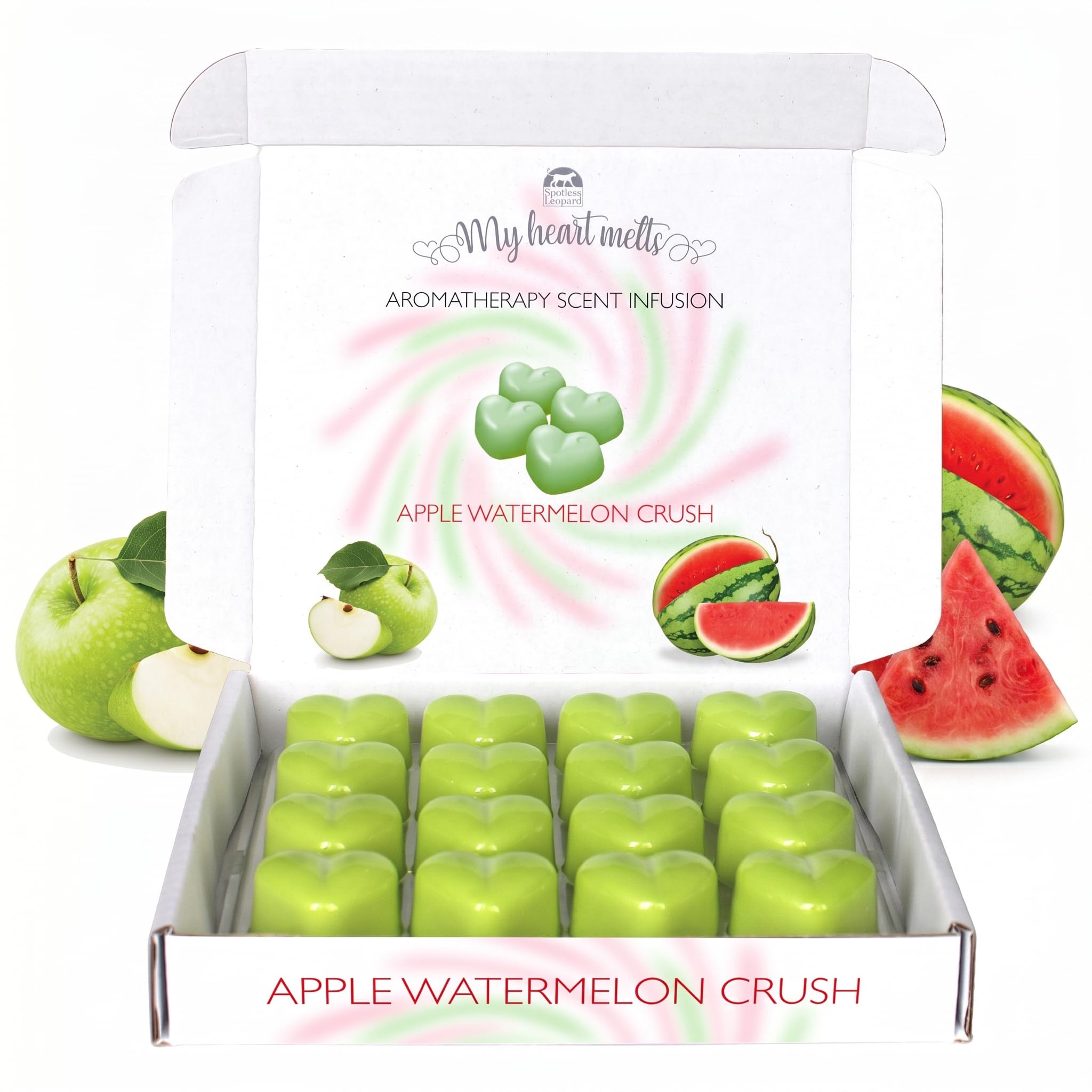 Spotless Leopard Light Green Apple Watermelon Crush Wax Melts: 16 X 6G Heart Shaped Aromatherapy Scent Infusion In A White Eco Gift Box, Pet Friendly, Cruelty Free By