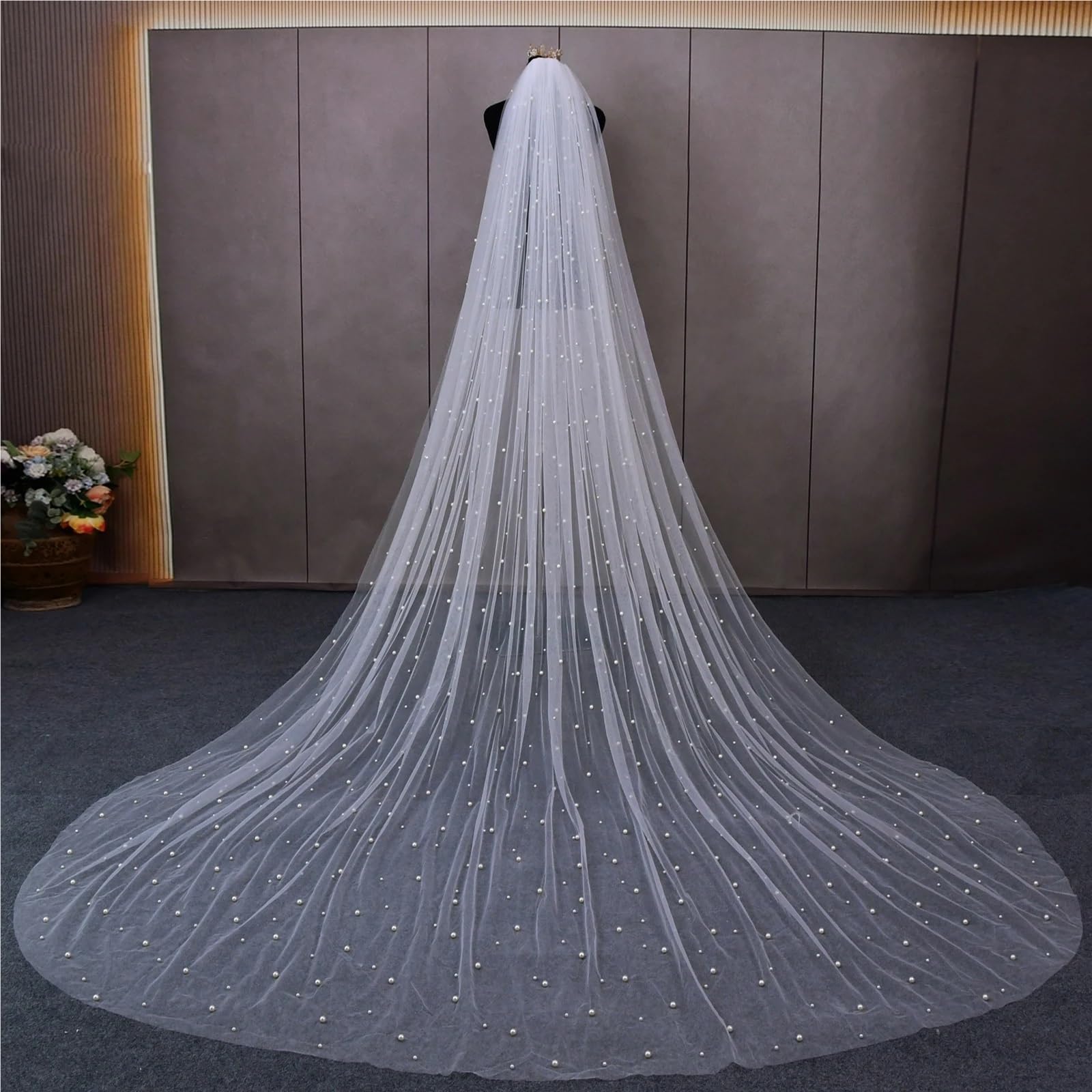 Schleier Braut 3,0 m breiter Brautschleier mit Perlen, extra langer Brautschleier mit Zubehör(Color01)