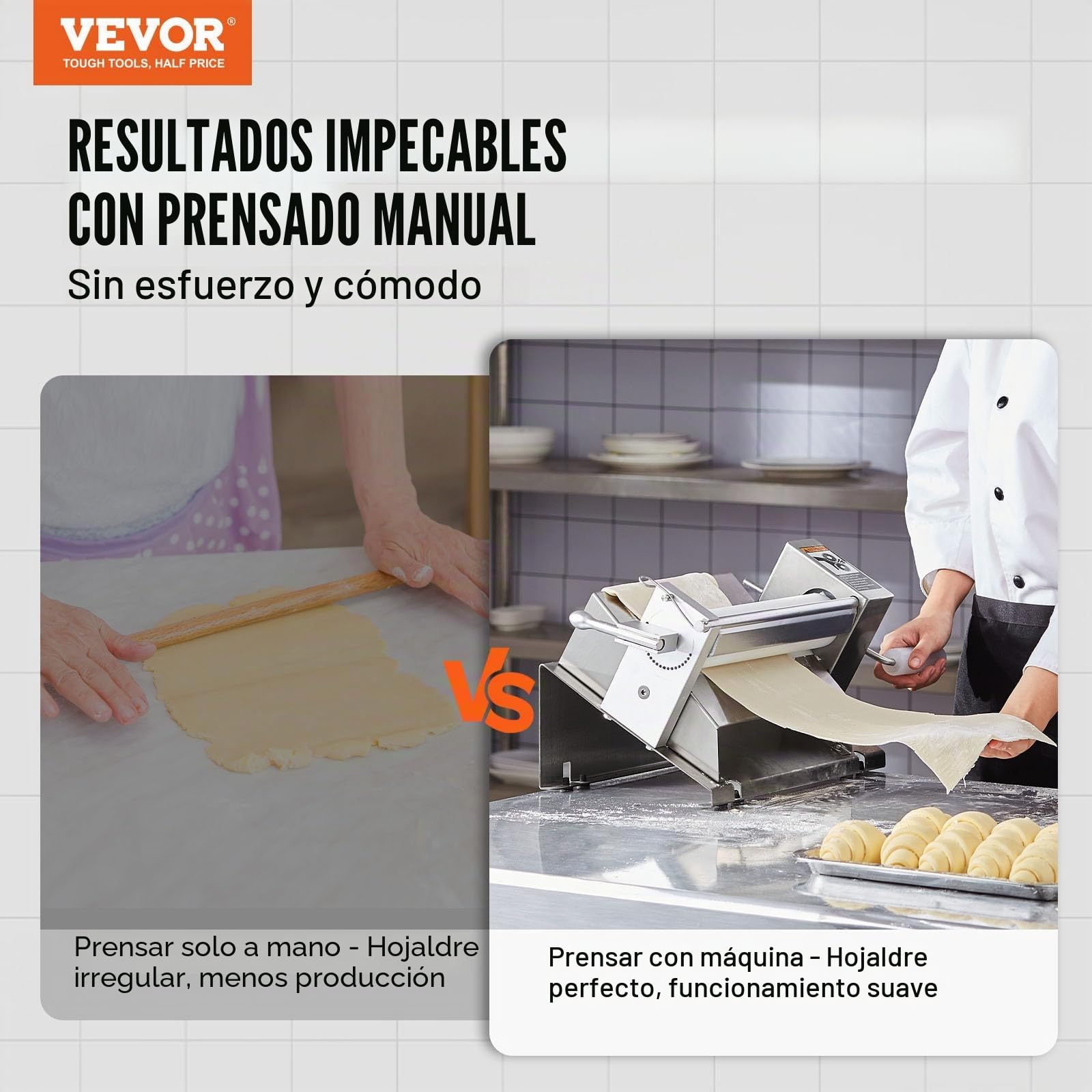 VEVOR Máquina Enrolladora de Masa Manual Rodillo de Masa de Acero Inoxidable, Mango Extraíble, Placa, Espesor Ajustable Máximo 12 mm, Uso Doméstico o Cocinas Comerciales Pequeñas, 250 x 550 x 220 mm