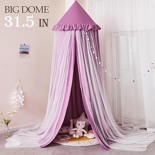 Vista 30 de Kertnic Toldo de cama grande de 31.5 pulgadas para niñas, toldo de princesa con volantes de ensueño de doble capa, tienda de campaña colgante