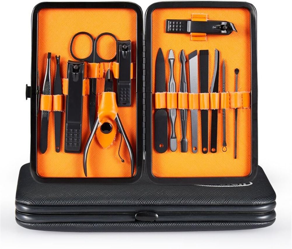 Hmulan Nail Clippers Manicure Pedicure Grooming Kits Travel Set Professional Black Stainless Tools for Hand Foot Facial Care Set of 15pcs (Orange)