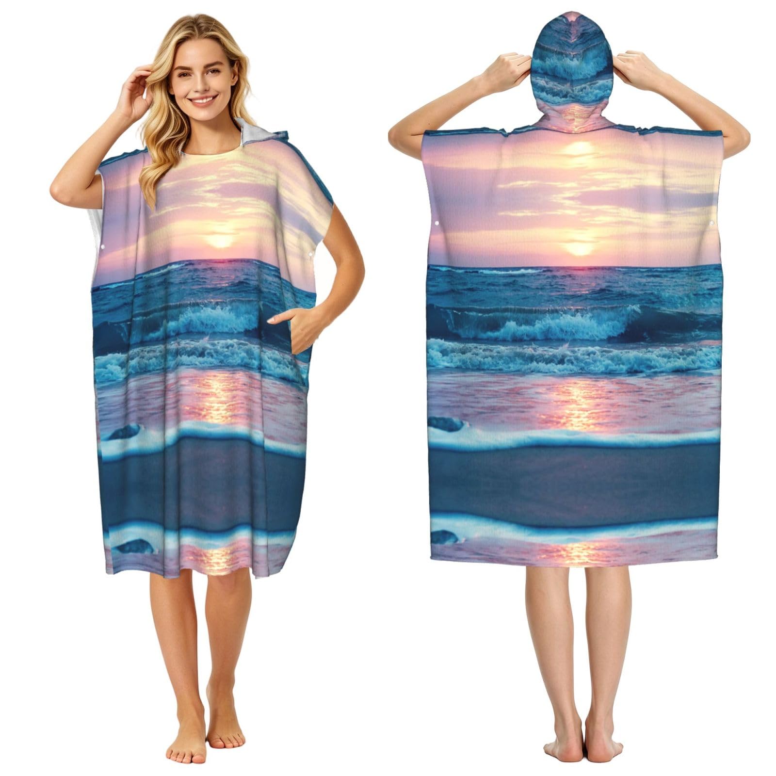EZDLOWVBA Beach Sun Cloud Print Hooded Poncho Microfiber Beach Towel,Adult Women & Men Changing Robe,Lightweight Summer Surf Swim Bath Poncho Towel