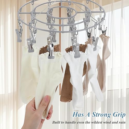 Miniatura 4 de Paquete de 3 estantes de secado redondos de acero inoxidable con 24 clips, gancho giratorio a prueba de viento, tendedero de ropa para lavandería,