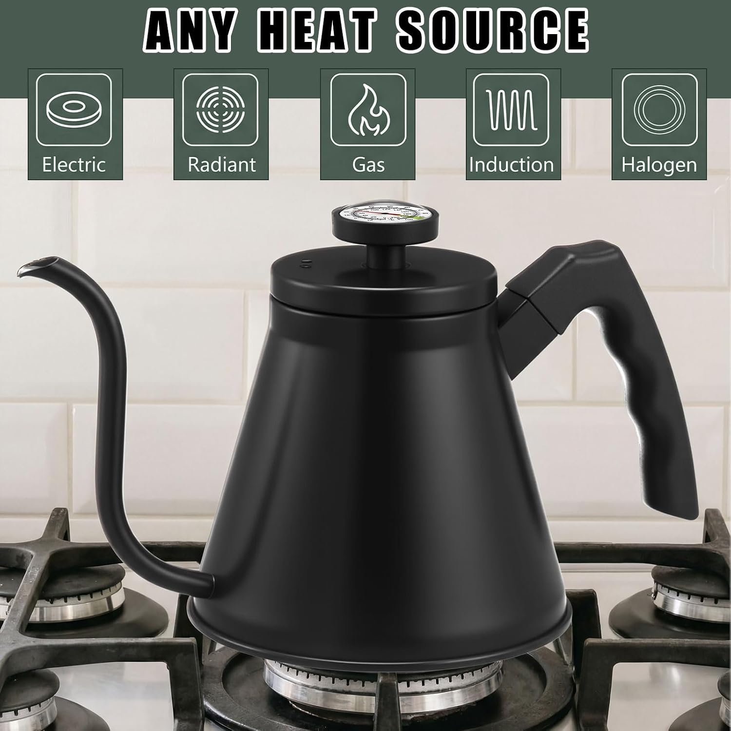 2 Pack 40 oz Gooseneck Kettle with Thermometer Stainless Steel Pour over Coffee Kettle Precision Drip Spout for Stovetop Home Kitchen Camping(Black)