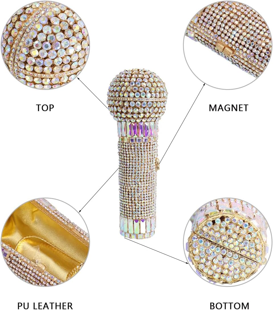 Novelty Microphone Shape Rhinestone Evening Bag for Women Clutch Crystal Mic Purse Diamond Handbag for Prom Party