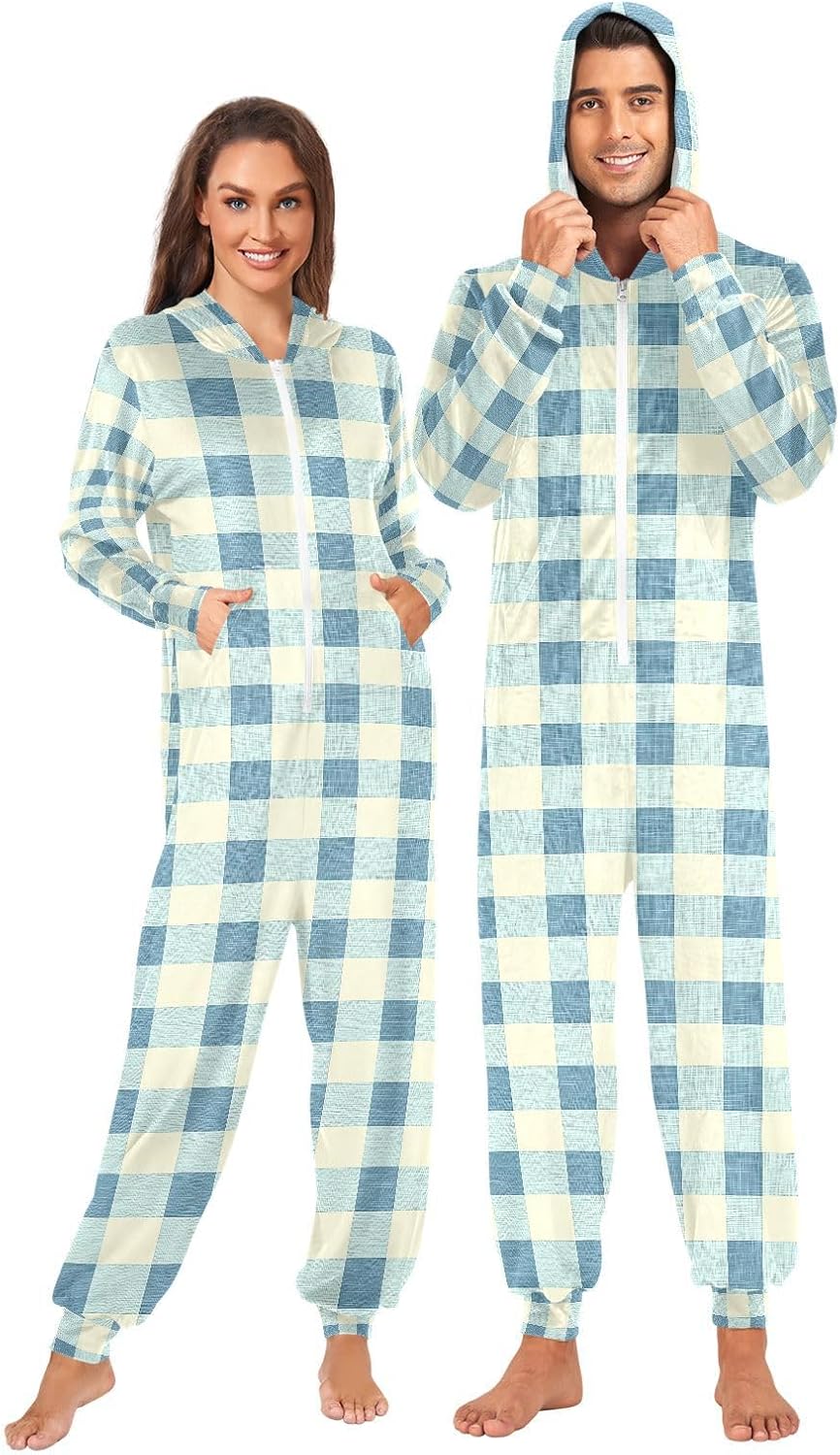 Soft Buffalo Plaid Blue Checkered Adult Onesie Pajamas Novelty One Piece Costume Sleepwear Jumpsuits Matching PJS