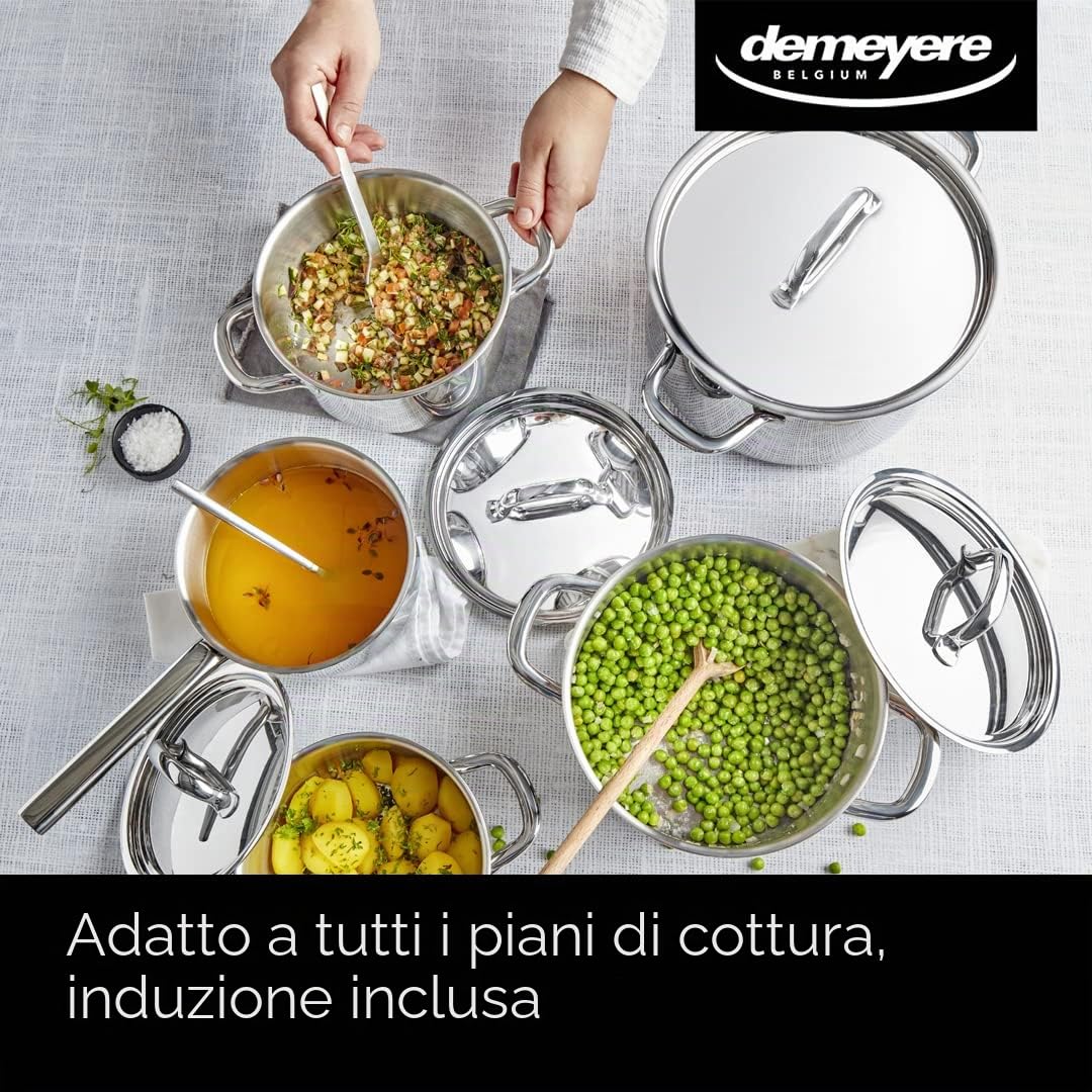 DEMEYERE Batteria di 5 pentole con coperchio Classico 3, acciaio inox, casseruola inclusa, compatibili con tutti i piani cottura e le piastre a induzione. Garanzia 10 anni
