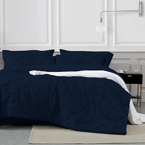 Miniatura 6 de High Kotton - Juego de edredón plisado de 8 piezas en una bolsa, ropa de cama plisada para cama Queen (azul marino) de color, edredones, sábanas,