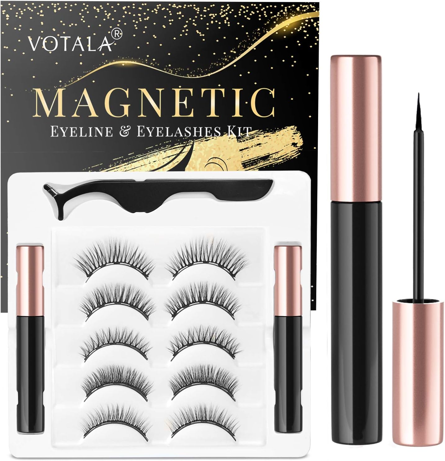 Votala Magnetic Eyelashes and Magnetic Eyeliner Kit, 5 Pairs of Different Styles Reusable 3D Magnetic Eyelashes with 2 Special Magnetic Eyeliners and Tweezers, with Natural Look(Natural)