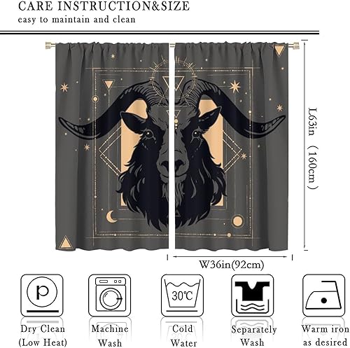 Vista 252 de Cortinas de cabeza de cabra, misteriosa cabeza de cabra malvada, calavera negra, bolsillo para barra, cortinas opacas para ventana, juego de 2