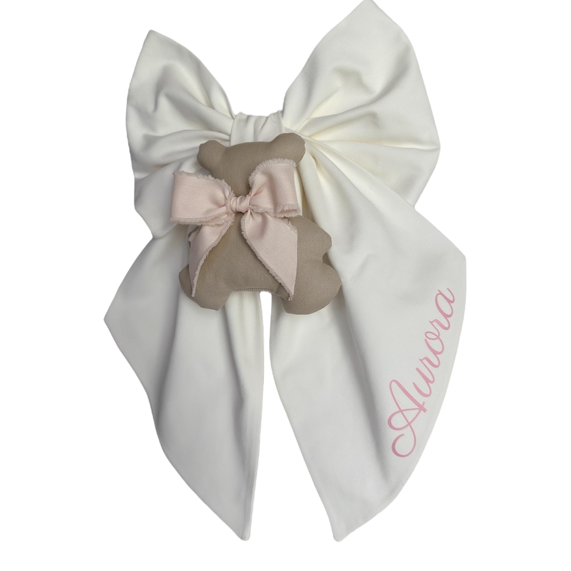 Fiocco nascita Teddy personalizzato con nome bambino/bambina fatto a mano in Italia (Bianco - teddy rosa)