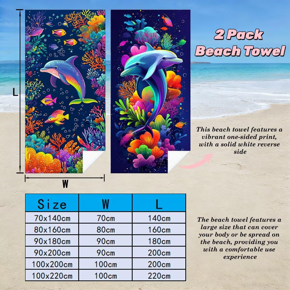 Toalla Playa 100x220 cm, Toalla Gimnasio Microfibra Secado Rapido, Juego de 2 Antiarena Toallas de Playa, Ligera Compacta Toallas Microfibra Grande para Viaje, Regalo Hombre Mujer (Delfín) -5013