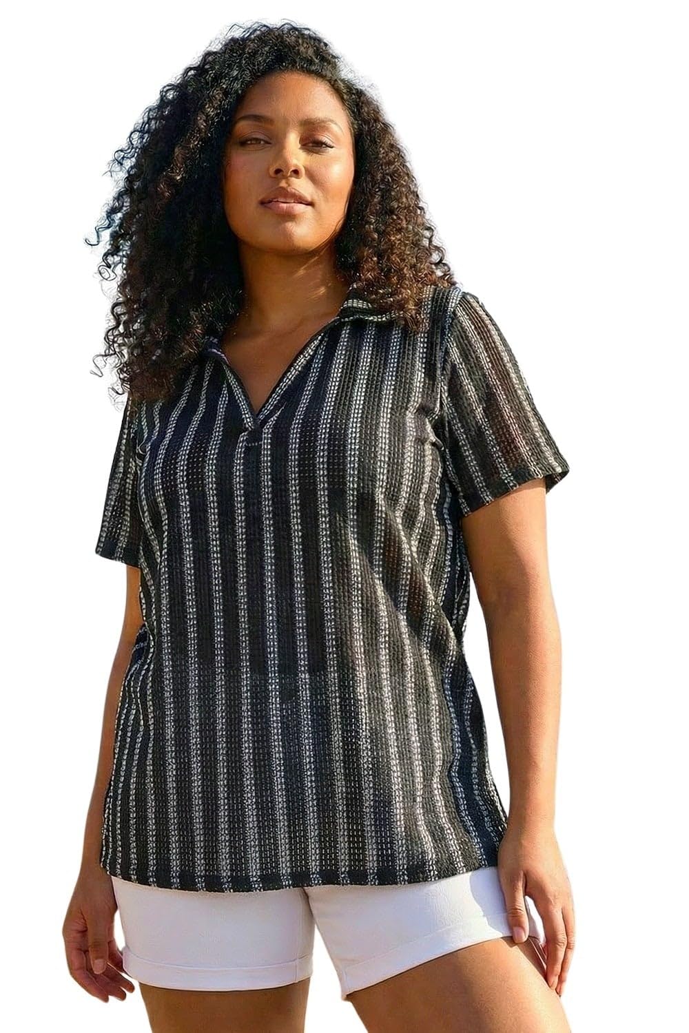 Roman Women's Black Curve Stripe Collared Knit Top In Size 16