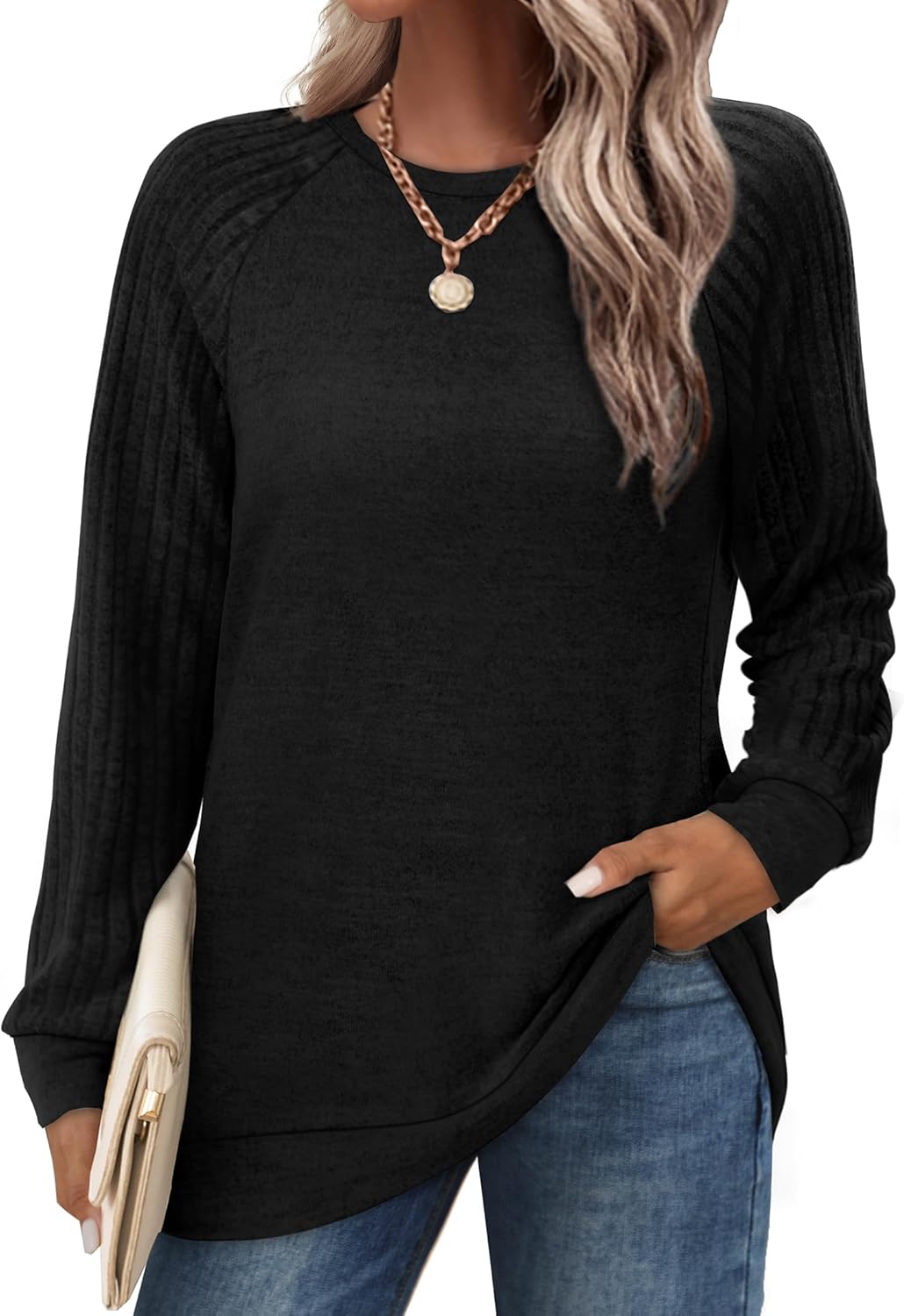 Saloogoe Tunic Sweatshirts for Women Crewneck Lightweight Sweaters Raglan Long Sleeve Shirts Fall Fashion Tops 2025