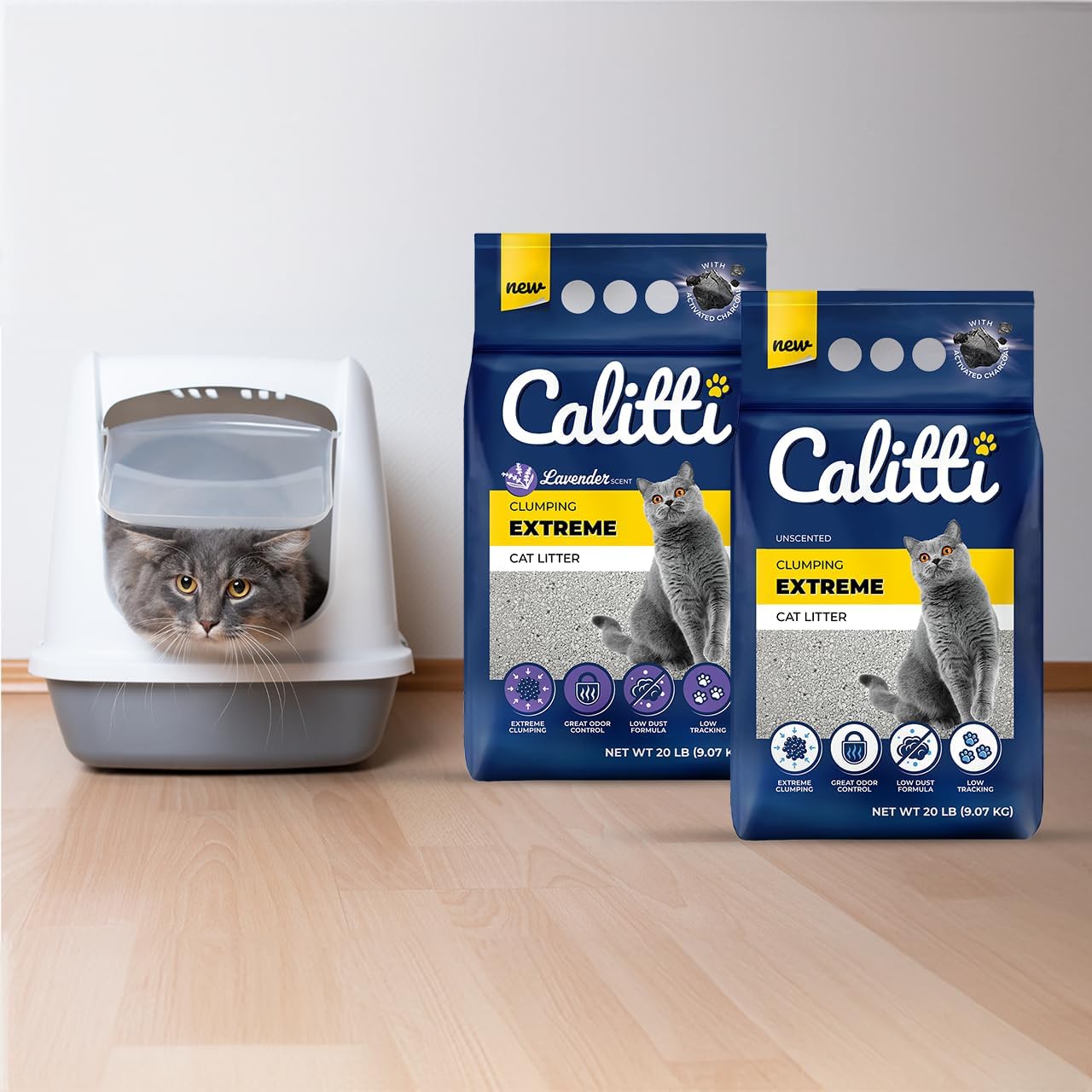Calitti Extreme Clumping Cat Litter with Activated Charcoal - Strong Clumps, Maximum Odor Control, Low Dust, Unscented 20 lb