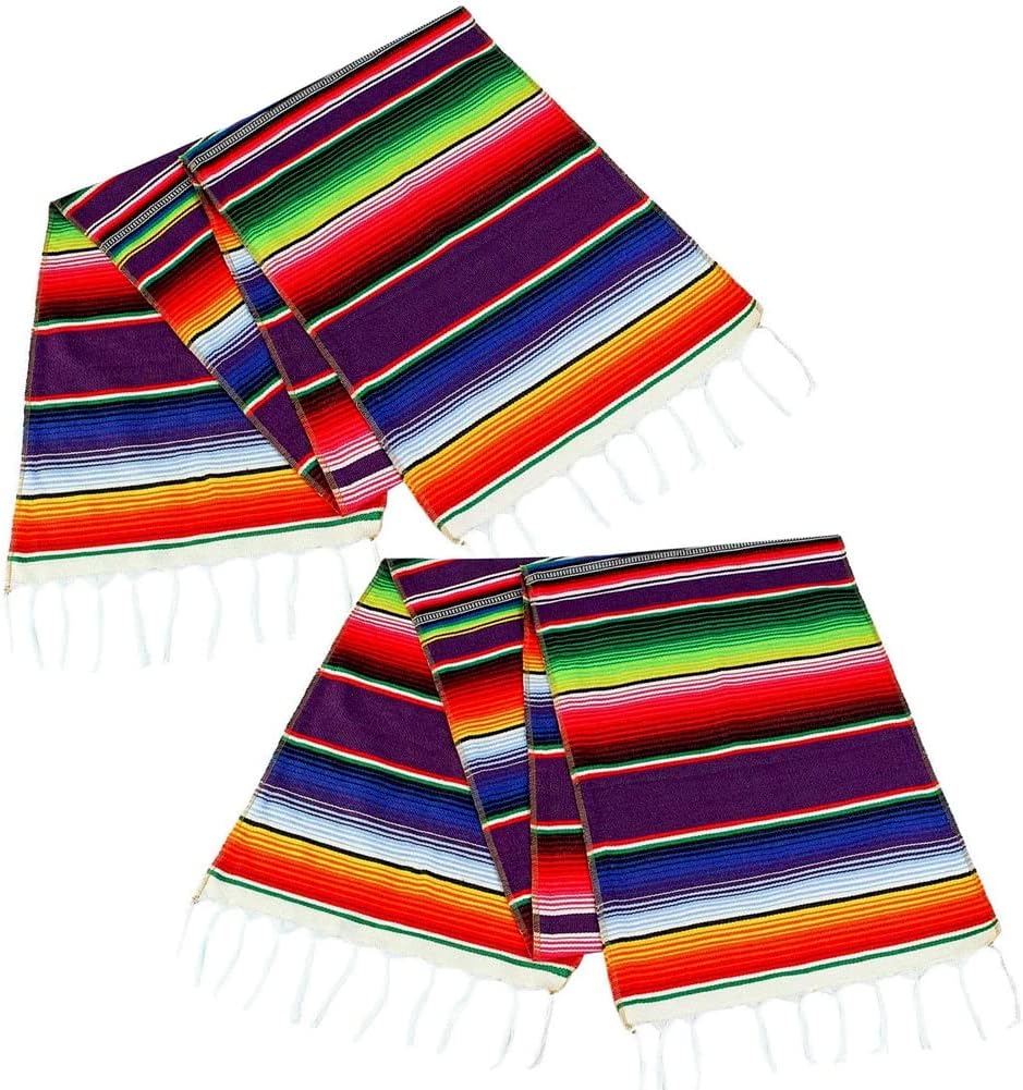 MINILIFE 2 Pack14 x 84 Inch Mexican Serape Table Runner Colorful Cotton Fringe Blanket for Mexican Party Outdoor Wedding Kitchen Decorations