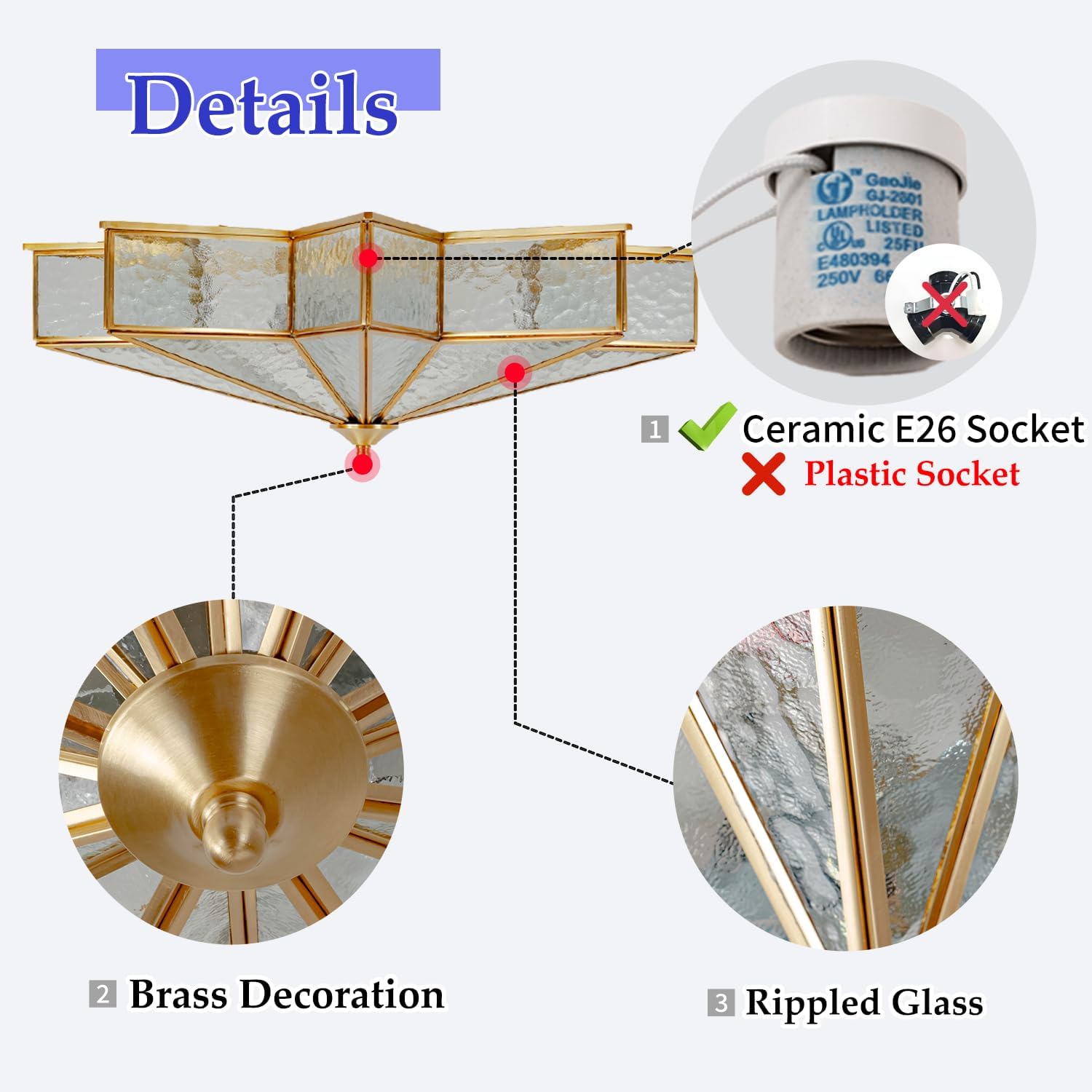 Brass Flush Mount Ceiling Light with Ceramic Light Socket, Star Shaped Ceiling Light Fixture, Mid Century Glass Ceiling Mount Lamp for Bedroom, Living Room Dining Room (Rippled Glass, 23.6")