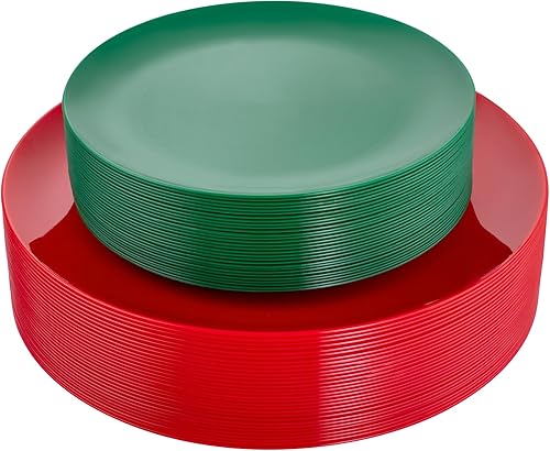 KIRE 60 platos de plástico desechables de Navidad, los platos verdes y rojos incluyen 30 platos llanos rojos y 30 platos de postre verdes de alta
