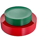 KIRE 60Pcs Plastic Plates, Premium Disposable Christmas Dinner & Dessert Plates, Modern Design, Green & Red, 30 of Each, All Seasons, 7.5inch/10.25inch, 0.1lbs, for Parties & Easter