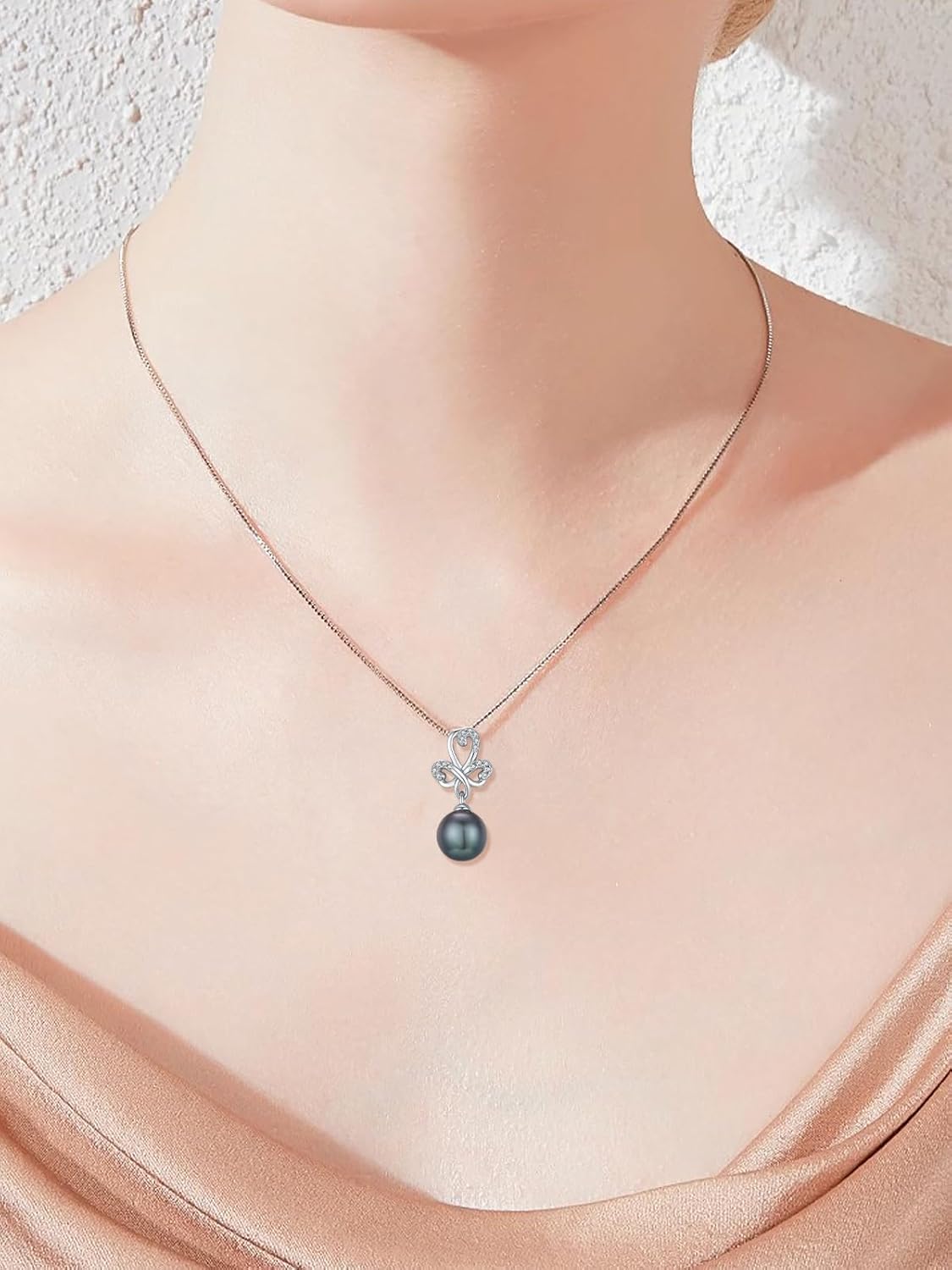 Tahitian Black Pearl 18K White Gold Plated Sterling Silver Heart/Infinity/Four Leaf Clover Pendant Necklace Jewelry Gifts for Women Wife Mom Girlfriend Wedding Birthday Anniversary Christmas - Image 2