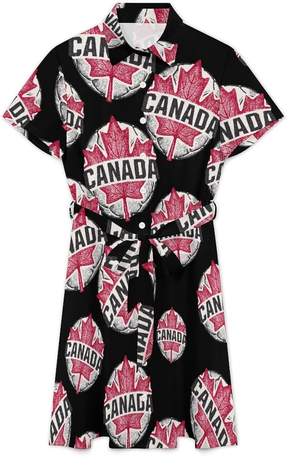 Canada Soccer Maple Leaf Shirt Dresses for Women Casual Mini Short Sleeve Button Down Dress with Belt