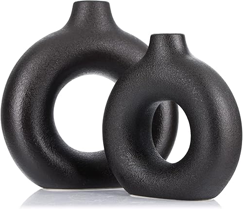 Jarrón de cerámica negra para decoración del hogar, juego de 2 jarrones circulares color negro mate, decoración moderna negra, decoración del hogar