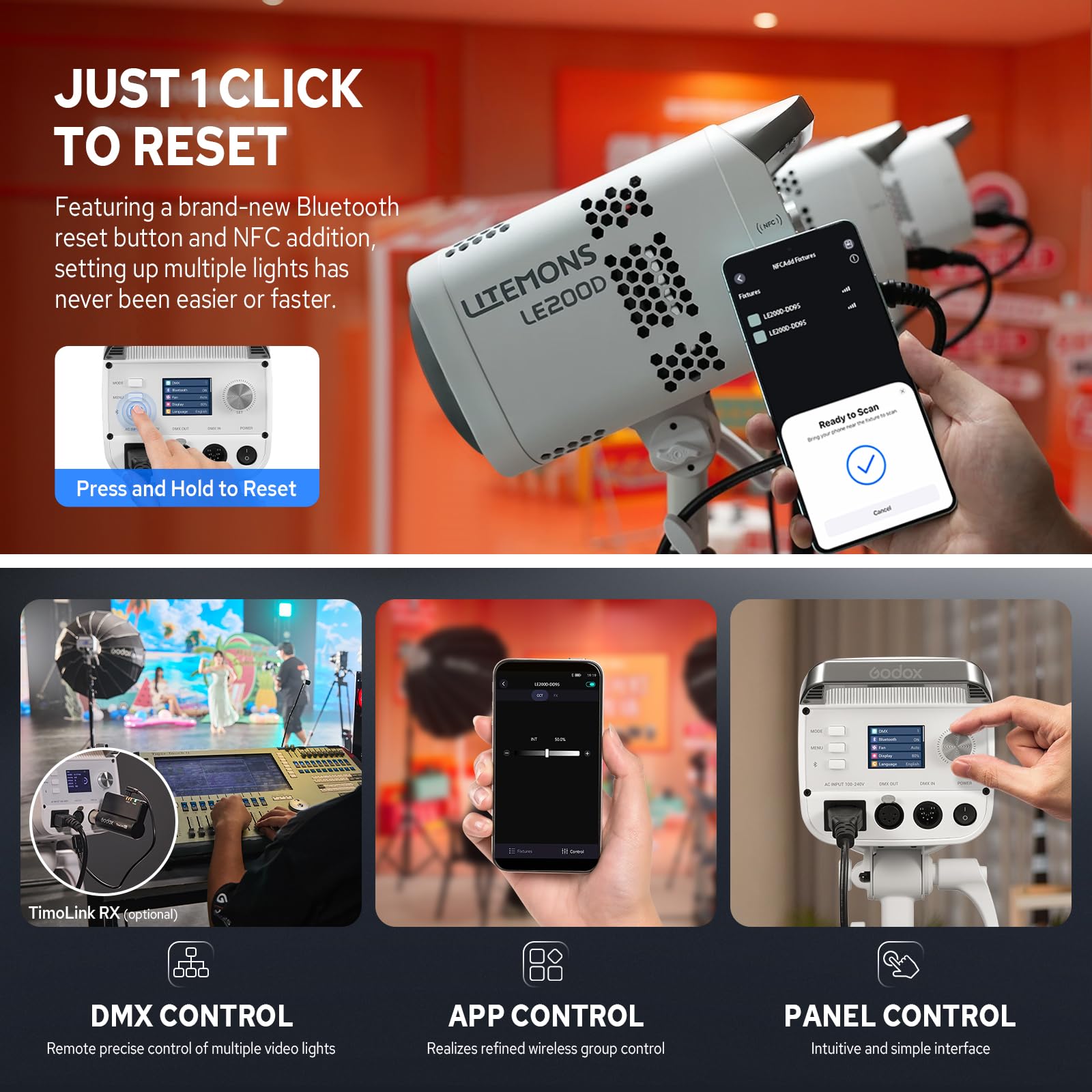 Godox Litemons LE200D Lampe LED 200W 5600K, CRI 96+ TLCI 97+, Monture Bowens, Lumière Studio Projecteurs, Compact Puissant pour Photographie, Vidéo, Streaming, Interview