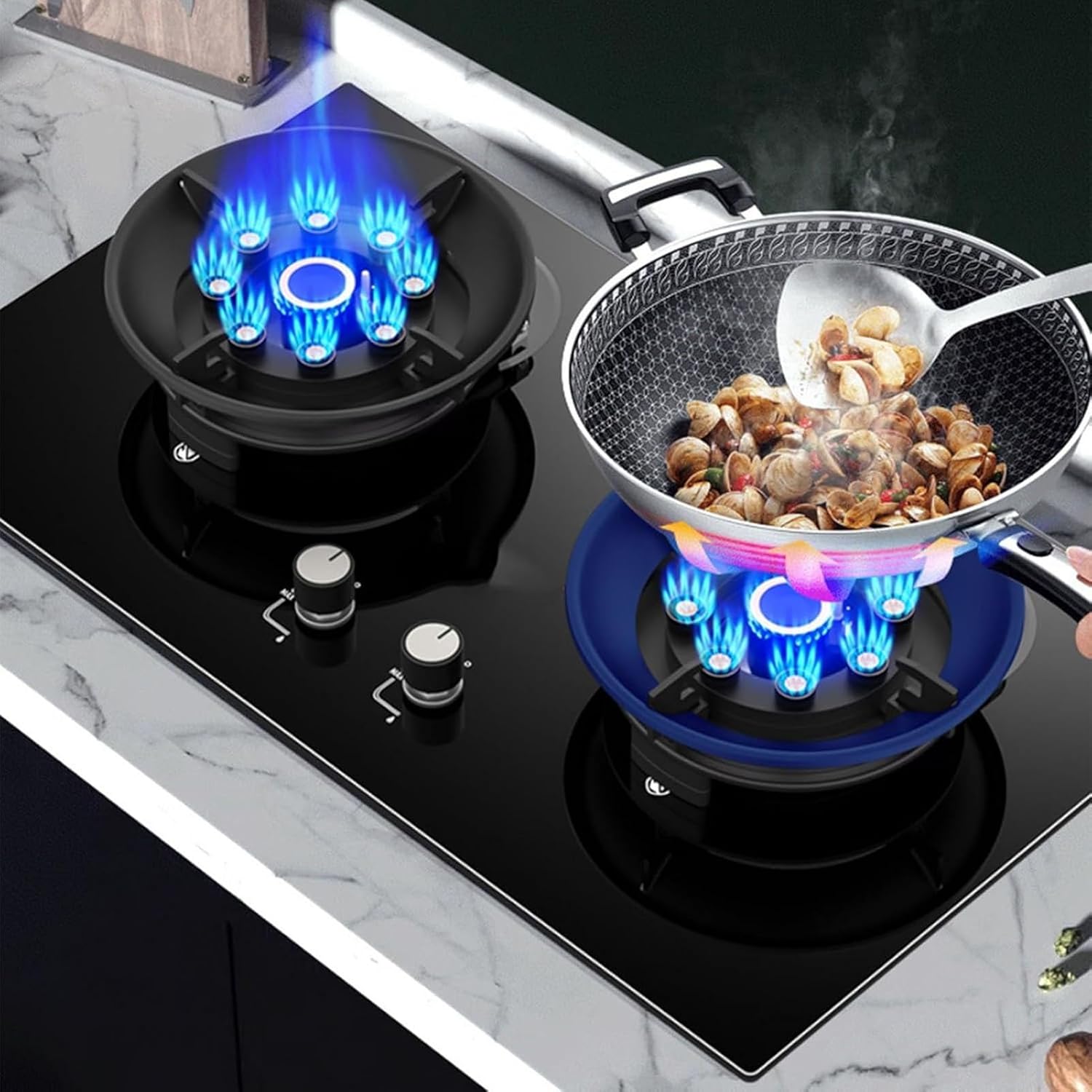 Gas Cooker, Nine-chamber Fire Built-in Glass Gas Stove, Flip-top Cover Hob, with Flameout Protection, for Home Kitchen Camping Cooker, Easy To Clean(NG)