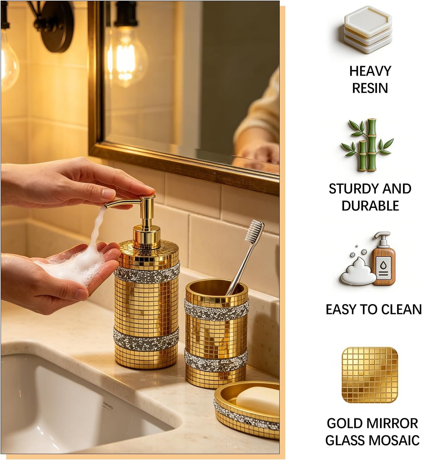 Gold Bathroom Accessories Set, Mosaic Decoration 4-piece Set | Deluxe gold mosaic bathroom 4-piece set,including soap dispenser,soap tray,toothbrush cup,partitioned toothbrush holder