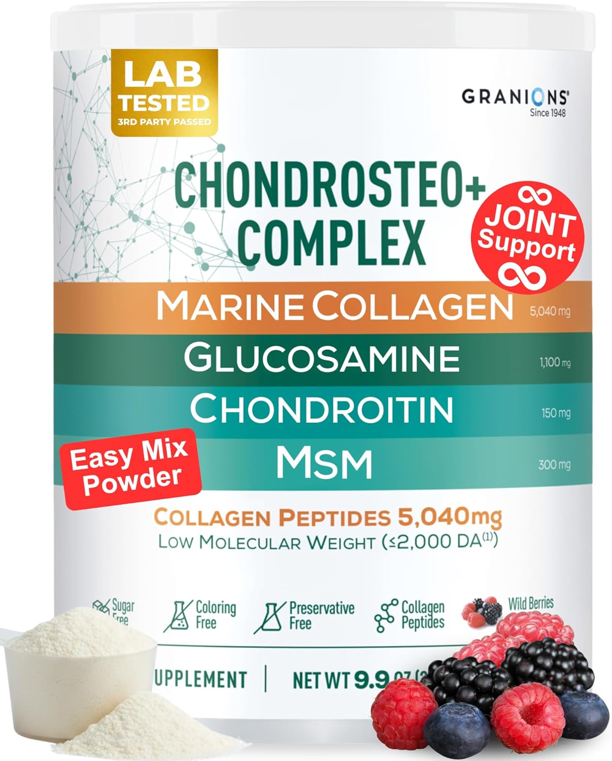 Granions Glucosamine Chondroitin MSM Powder 1,550mg – Joint Supplements for Men and Women - Chondrosteo, Hydrolyzed Marine Collagen Peptides, Essential Vitamins Glucosamine Complex – Wild Berry 9.9oz