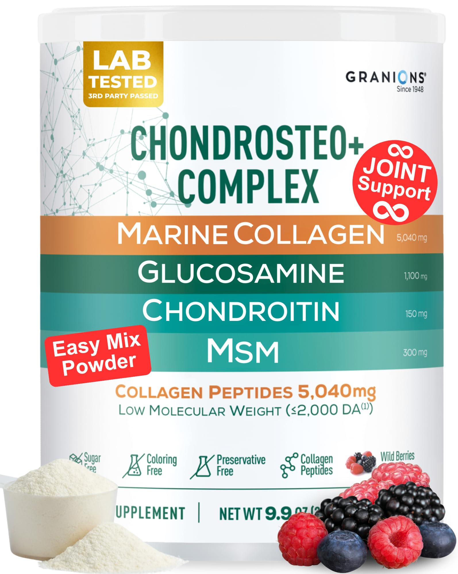 Glucosamine Chondroitin MSM Powder – Joint Supplements for Men and Women - Chondrosteo, Hydrolyzed Marine Collagen Peptides, Essential Vitamins Minerals Nutritional Complex – Wild Berry 9.9oz
