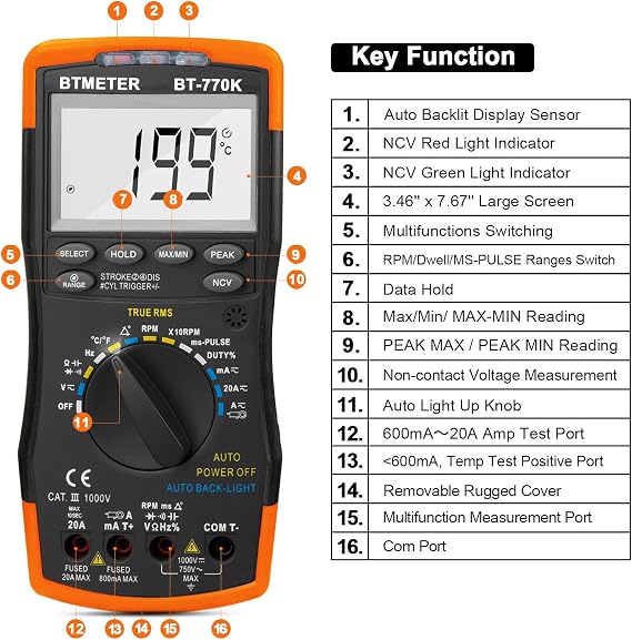 BTMETER Automotive Multimeter, BT-770K Auto Ranging Engine Analyser for Dwell Angle Pulse Width Tach Temperature Duty Cycle Voltage Current Resistance Test