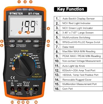BTMETER Automotive Multimeter, BT-770K Auto Ranging Engine Analyser for Dwell Angle Pulse Width Tach Temperature Duty Cycle Voltage Current Resistance Test