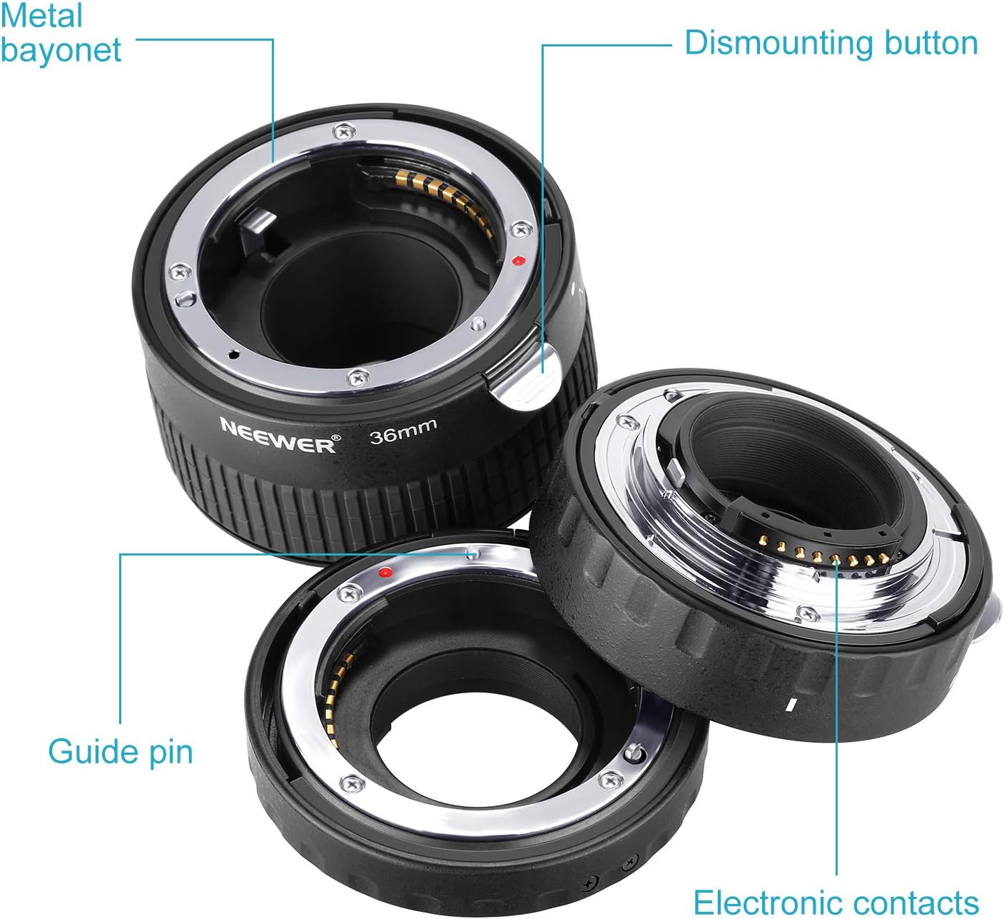 Neewer Metal Auto Focus AF Macro Extension Tube Set 12mm, 20mm, 36mm for Nikon F Mount DSLR Cameras