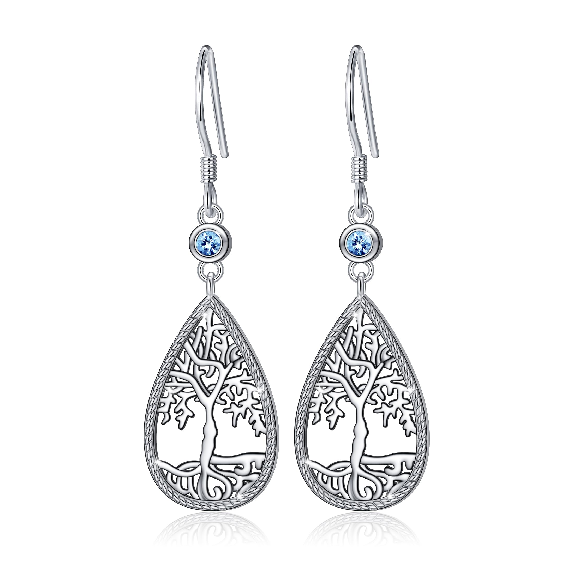 DAOSHANGTree of Life Earrings for Women, Sterling Silver Teardrop Dangle Earrings with Birthstone, Family Tree Jewelry Mother's Day Birthday Gift for Mom Grandma