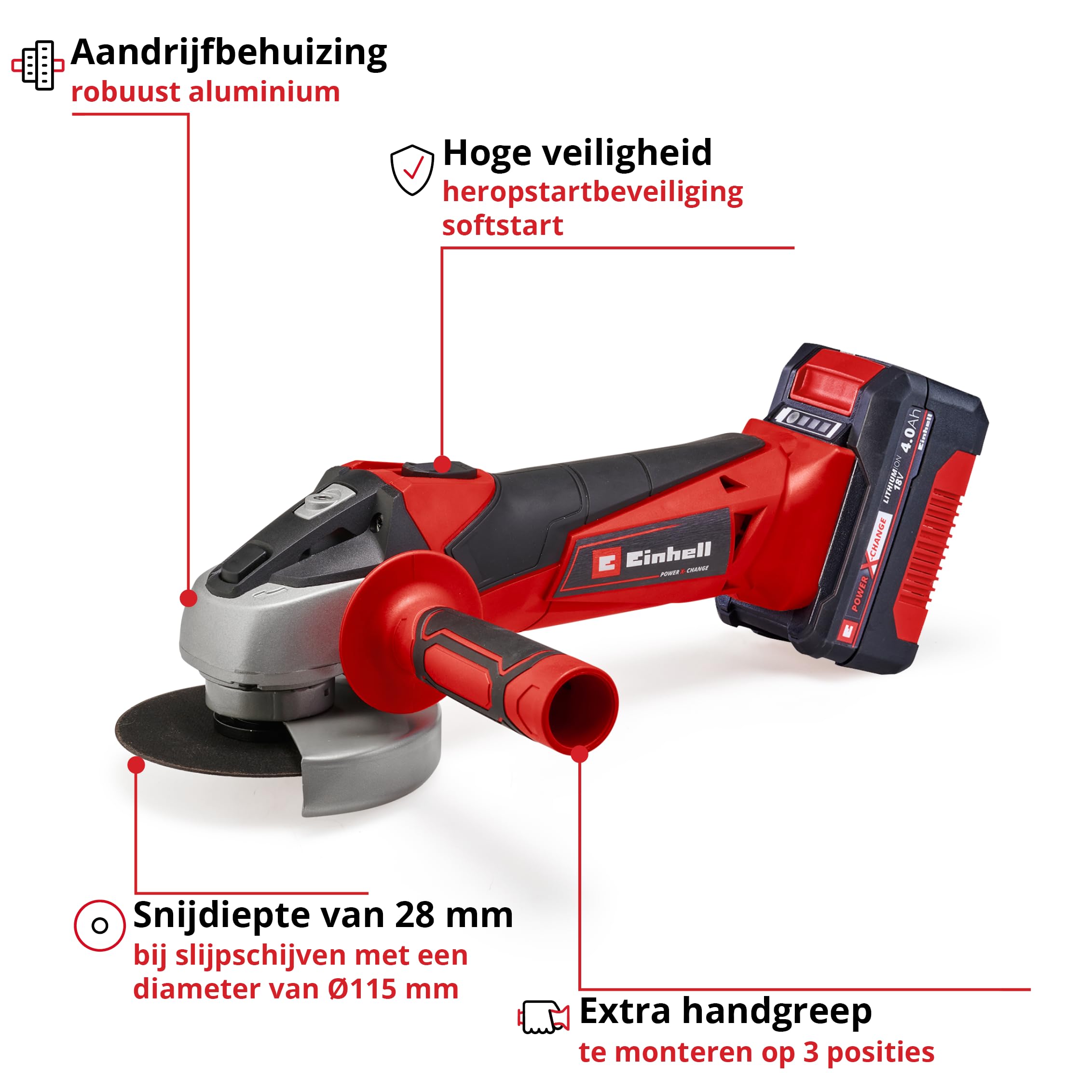 Einhell Akumulatorowa szlifierka kątowa TC-AG 18/115 Li (1 x 4,0 Ah) (18 V, średnica tarczy 115 mm, głębokość cięcia 28 mm, Softstart, dodatkowy uchwyt, w zestawie 1 x akumulator 4,0 Ah i ładowarka)