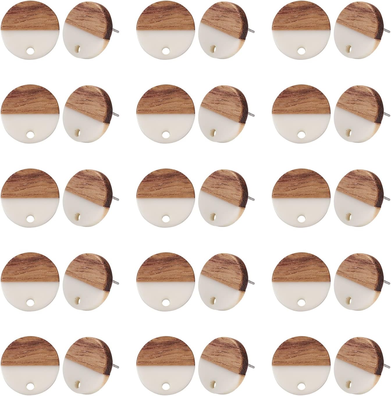 FASHEWELRY 20 Pairs Resin & Walnut Stud Earring Posts Wooden Flat Round Earring Pin Studs with Loop for DIY Earrings Making (Black)