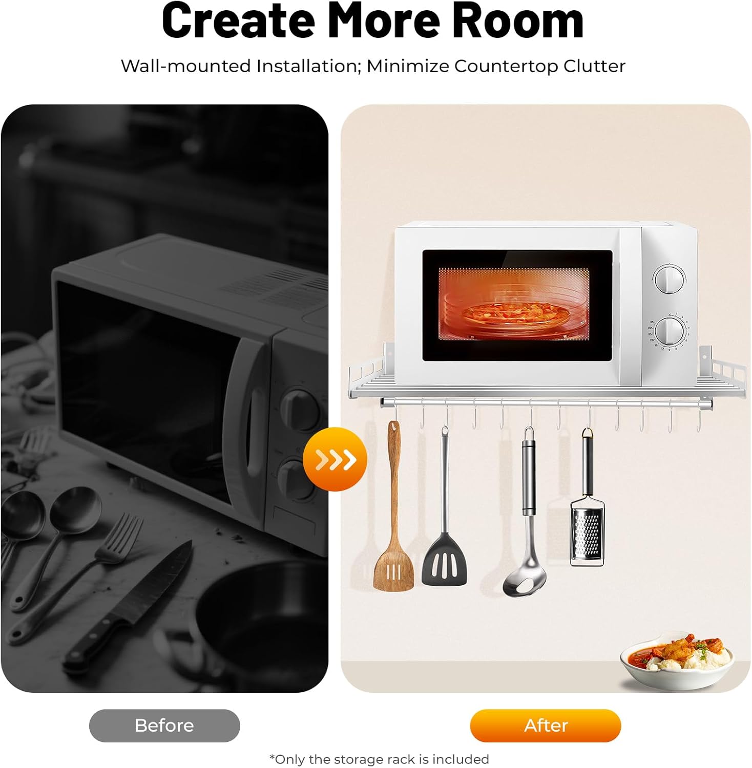 Microwave Oven Rack Shelf Wall Mount, 23.6" x 15.7"Stainless Steel Wall Electric Oven Holders with 12 Hooks, Support Load 40Lbs, Microwave Shelf for Kitchen