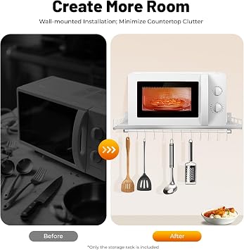 Wall Mount Microwave Oven Rack, Electric Oven Holder Shelf Kitchen Wall Pot Pan Rack with 12 Hook, Stainless Steel Kitchen Supplies Storage Rack for Seasoning, Rice Cooker, Tableware