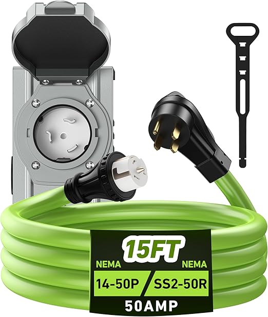 50 Amp Generator Cord and Power Inlet Box, 15 Feet RV Extension Cord, NEMA 14-50P/SS2-50R Twist Lock Connector, 125/250V 12500W Generator Cable, 10 Gauge SJTW Generator to House Power Cord, ETL Listed