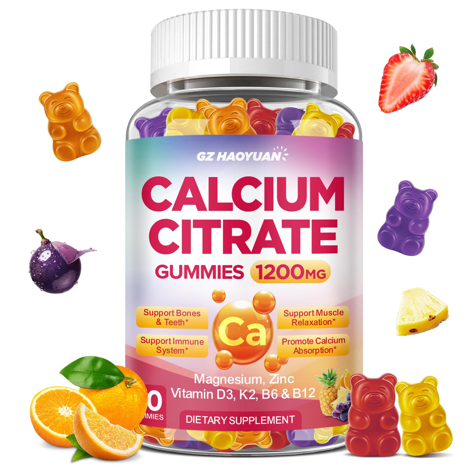 Calcium Citrate Gummies - 1200mg Calcium Gummies Supplements for Women & Men with Vitamin D3, K2, Magnesium, Zinc High Absorption for Muscle & Immune Support, Fruit Flavor, 60 Count Mixed Fruit 60 Count (Pack of 1)